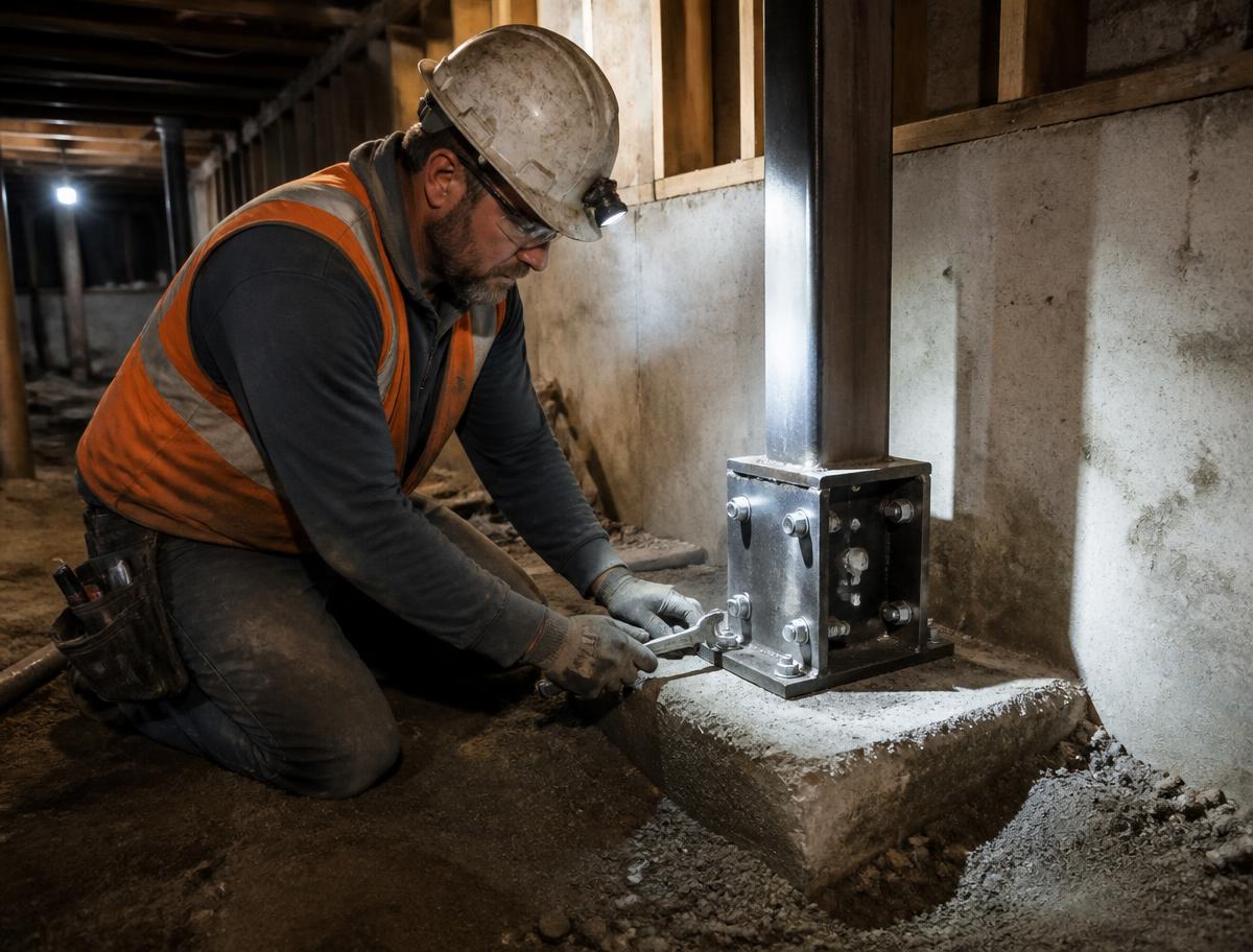 Foundation repair technician tightening a steel push pier bracket against a poured concrete footing in a basement