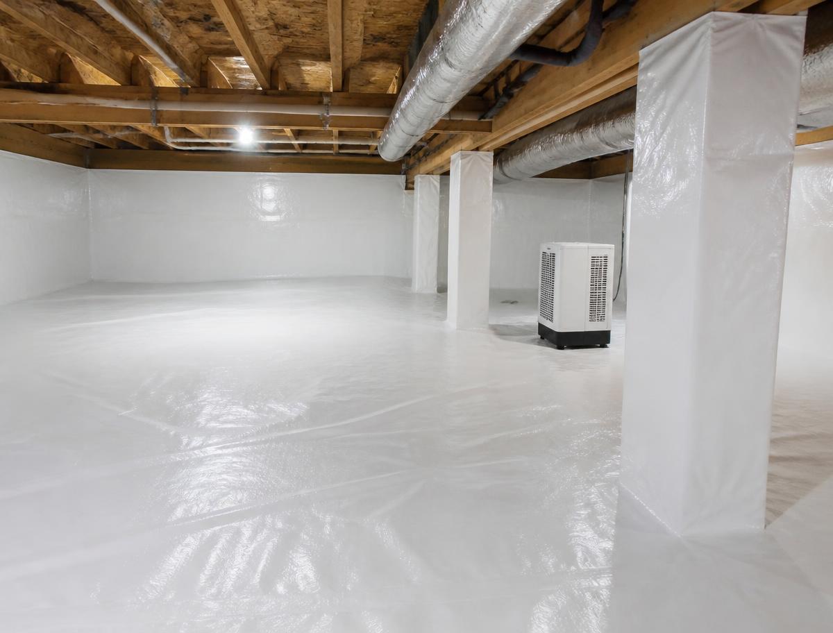 Bright encapsulated crawl space with white vapor barrier sealed across the floor, walls and piers, and a dehumidifier
