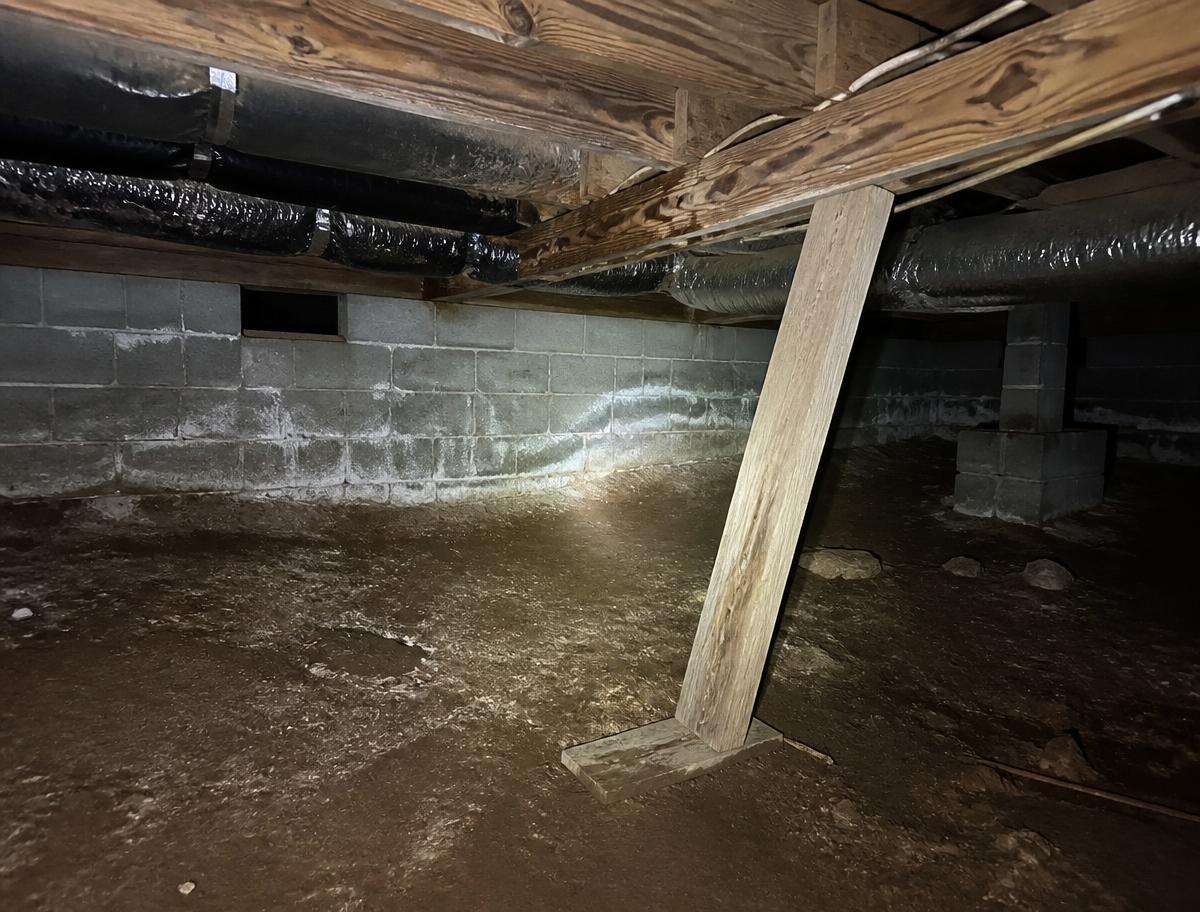 Dark crawl space with damp soil floor, efflorescence on block walls and a leaning temporary wood support post