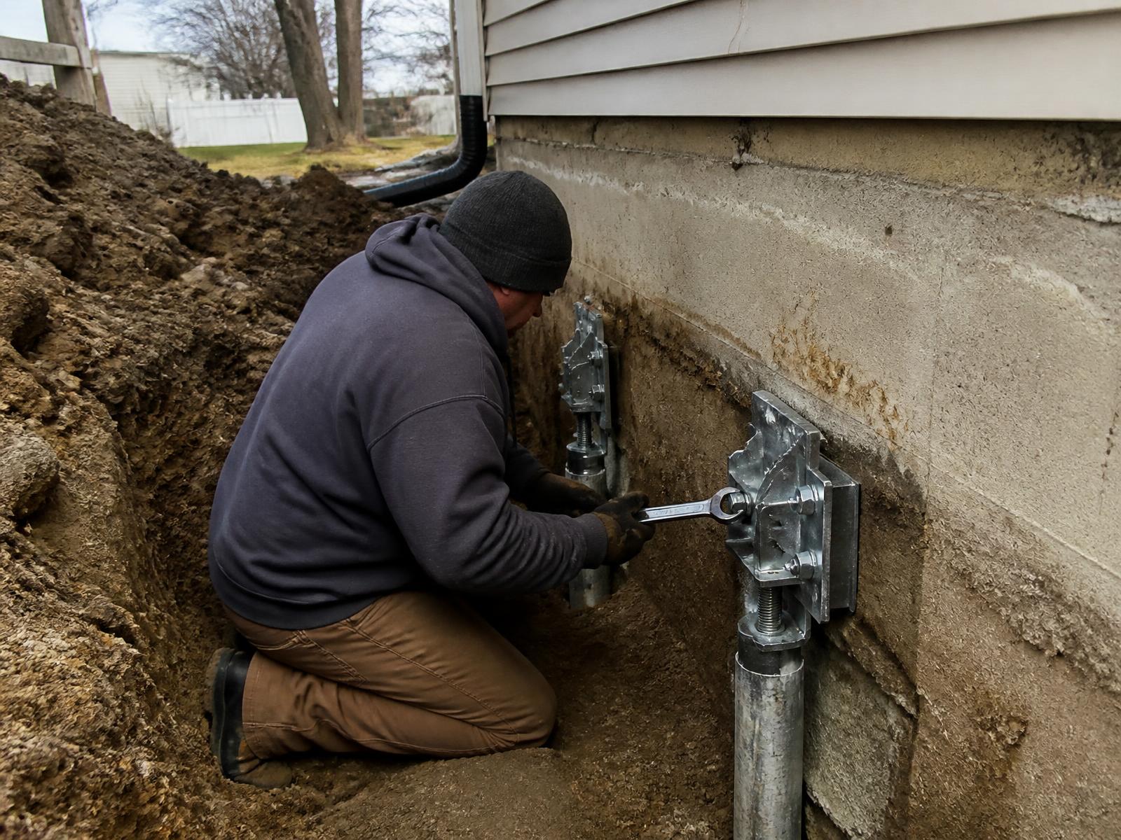 A worker kneeling in a trench torquing a galvanized push pier bracket bolted to a concrete foundation wall